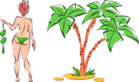 Vector set of girl and palm treesのイラスト素材