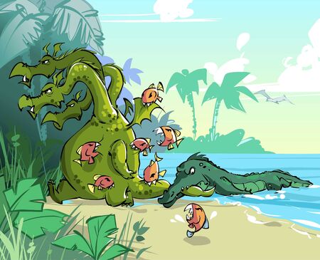 The mythical three-headed monster was attacked by piranhas and a crocodile in the jungleの写真素材