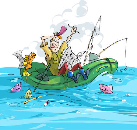 Fisherman and fish. A fisherman caught a piranha.のイラスト素材