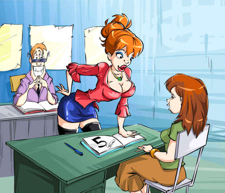 The girl shows off to her friend a good grade for the examの写真素材