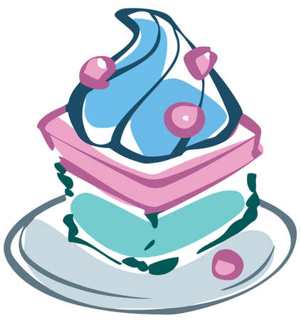 Cartoon a piece of cake on a plate. Blue marshmallow sponge cake illustration.のイラスト素材