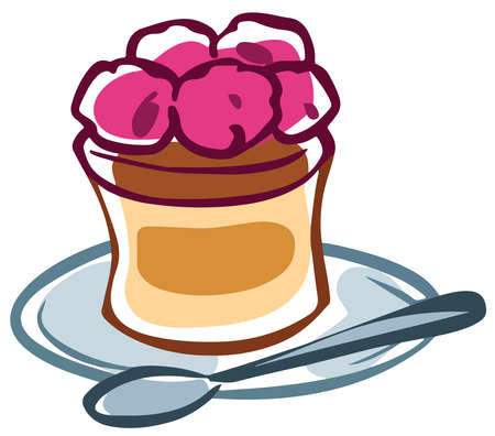 Cartoon piece of chocolate cake with raspberries. Chocolate cake on a plate with a spoon.のイラスト素材