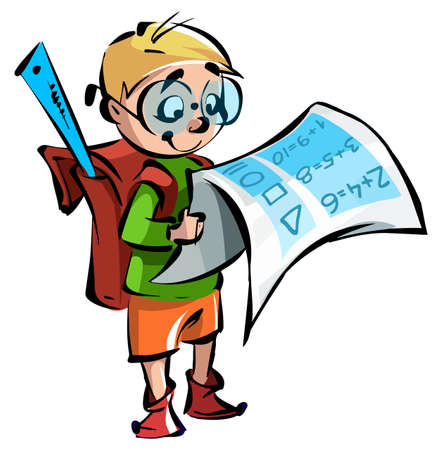 Cartoon clever cheerful boy in glasses stands and looks at a notebook with mathematical formulas.のイラスト素材
