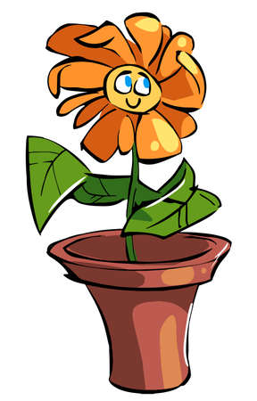 Cartoon illustration character orange flower in a pot smilesのイラスト素材