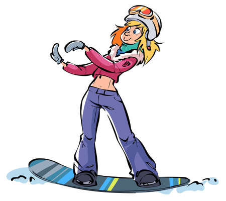 Cute cartoon Young blonde woman snowboarding shows the line with her hands.のイラスト素材