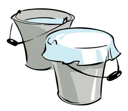 Cartoon two buckets of milk. A bucket of milk and a bucket covered with a white napkin. Illustration vectorのイラスト素材