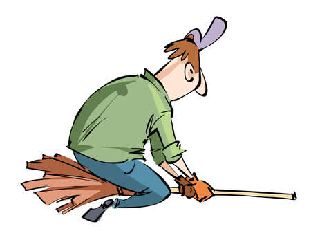 Cartoon funny man flying on a broom vector illustration