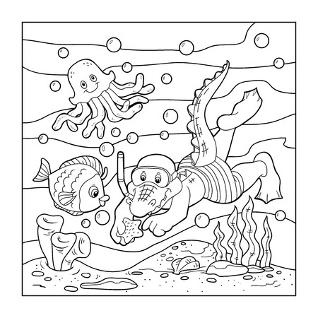 Coloring Book Crocodile Diver Ocean Floor Tasmeemme Com