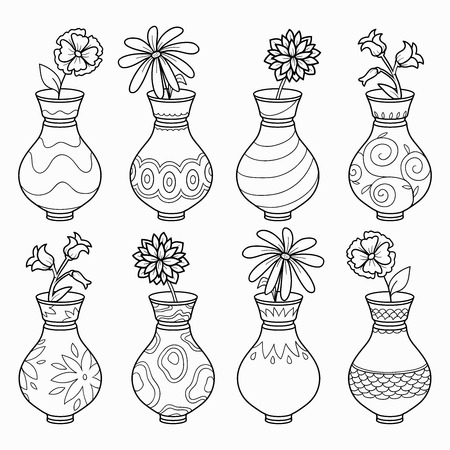 Coloring book (vases with flowers), vector colorless setのイラスト素材
