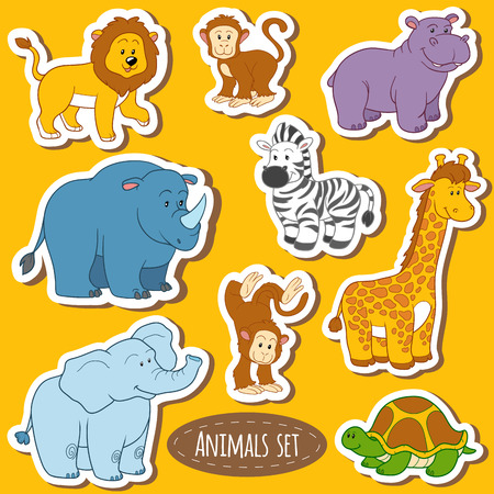 Set of various cute animals, vector stickers of safari animalsのイラスト素材