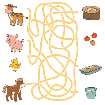 Game for children: Maze game (farm animals and food). Cow, pig, chicken, horseのイラスト素材