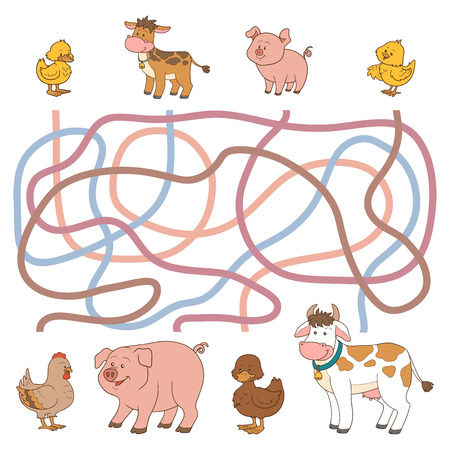 Game for children: Maze game (farm animals - cow, pig, chicken, duck)のイラスト素材