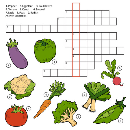 Vector crossword, game for children about vegetables (eggplant, pepper, tomato,carrot, radish, peas, broccoli, tomato, cauliflower, leek)のイラスト素材