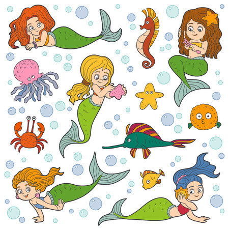 Color vector set of little girls mermaids and fish, sea life and bubbleのイラスト素材