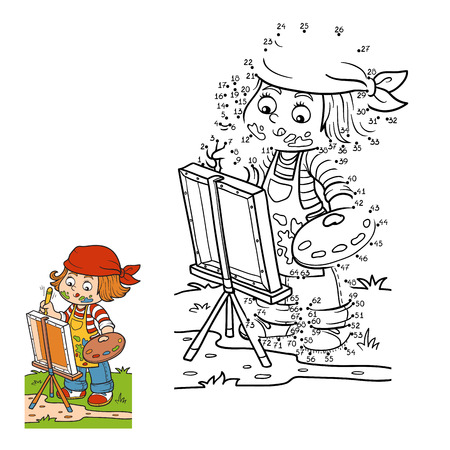 Numbers vector game for children: Girl artist draws on nature, open airのイラスト素材