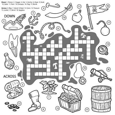 Vector colorless crossword, education game for children about pirates (map, treasure, hat, poison, dagger, anchor, rope, hook, saber, compass, flag, bomb, spyglass, coins)のイラスト素材