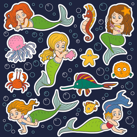 Color vector set of little girls mermaids and fish, sea life and bubbleのイラスト素材