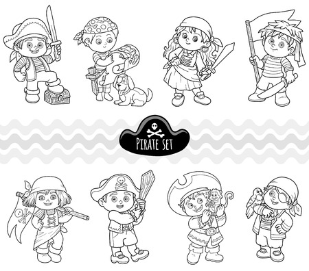 Vector set of characters pirates, colorless cartoon collectionのイラスト素材