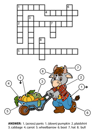 Vector color crossword, education game for children. Character bull gardener with a wheelbarrow full of vegetablesのイラスト素材