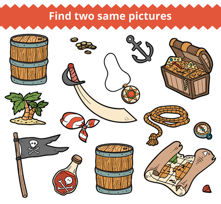 Find two same pictures, education game for children. Vector set of pirate itemsのイラスト素材