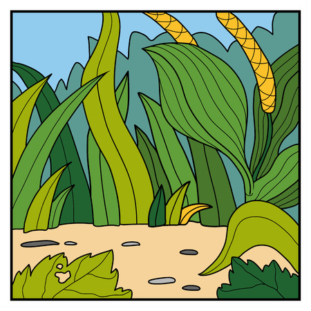 Vector nature illustration, color background, meadow with plantainのイラスト素材