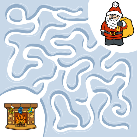 Winter maze game for children, Santa Claus and fireplaceのイラスト素材