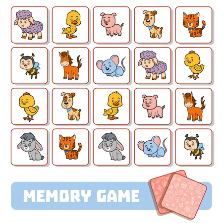 Memory game for preschool children, vector cards with Farm animalsのイラスト素材
