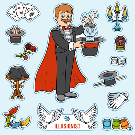 Vector set with magician and objects for magic tricks. Cartoon colorful itemsのイラスト素材