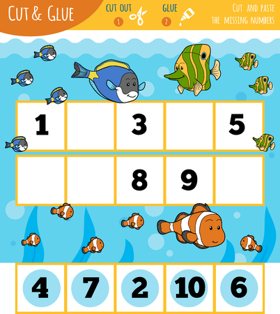 Education numbers game for children, Fish and Sea. Cut out the numbers and glue them in order.のイラスト素材