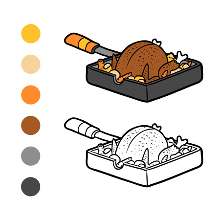Coloring book for children, Roasted Chicken in a frying panのイラスト素材