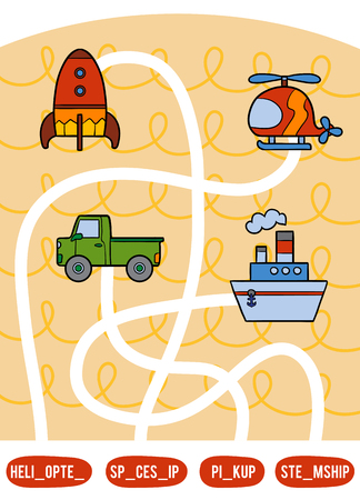 Maze game for children. Find the way from the picture to its title and add the missing letters. Set of transport objectsのイラスト素材