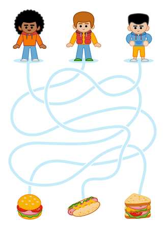 Maze game for children, education worksheet. Boys and fastfood - Hot dog, Burger, Sandwichのイラスト素材