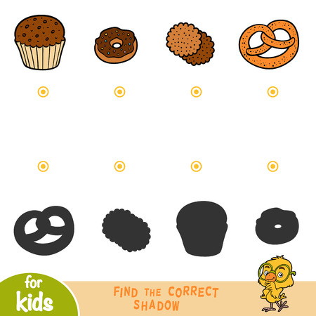 Find the correct shadow, education game for children. Set of sweet food - Donut, Pretzel, Cookies, Cupcakeのイラスト素材