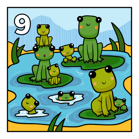 Cartoon vector illustration for children. Learn to count with animals, nine frogsのイラスト素材