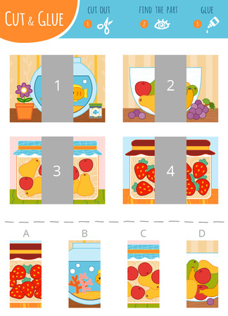 Find the right part. Education cut and glue game for children. Color set of cartoon illustration. Aquarium, bowl of fruit, jar of jamのイラスト素材