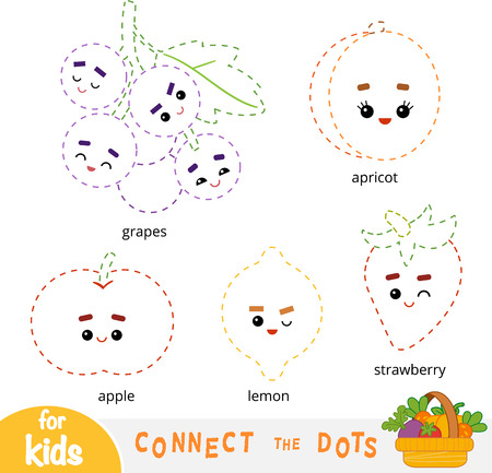 Connect the dots, education game for children. Set of cartoon fruits and berries - Lemon, Strawberry, Grapes, Apricot, Appleのイラスト素材