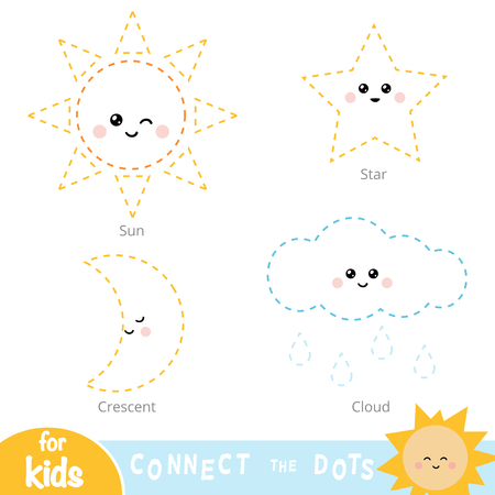 Connect the dots, education game for children. Set of nature items - Sun, Cloud, Crescent, Starのイラスト素材