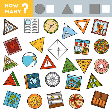 Counting Game for Preschool Children. Educational a mathematical game. Count how many round, square and triangular objects and write the result!のイラスト素材