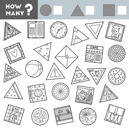Counting Game for Preschool Children. Educational a mathematical game. Count how many round, square and triangular objects and write the result!のイラスト素材