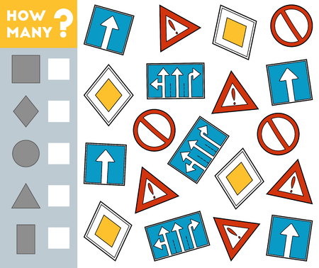 Counting Game for Preschool Children. Educational a mathematical game. Count how many Road signs and write the result!のイラスト素材