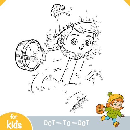 Numbers game, education dot to dot game for children, Cartoon little girl with a basket for mushroomsのイラスト素材