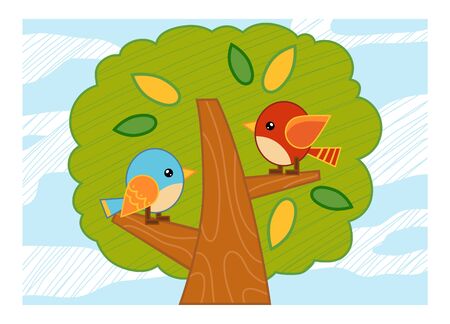 Cartoon vector illustration for children, colorful poster. A summer day. The birds in the tree.のイラスト素材