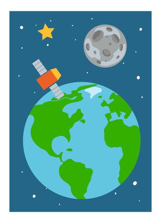 Cartoon vector illustration for children. Educational poster about space. Earth, Moon and satelliteのイラスト素材