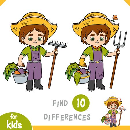 Find differences, educational game for children, Farmer boy with rake and bucketのイラスト素材