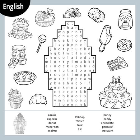 Word search puzzle. Cartoon set of sweets, cake, candies, ice cream, chocolate. Education game for children. Vector black and white worksheet for learning Englishのイラスト素材