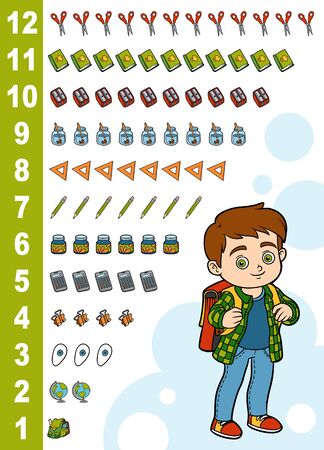 Educational poster for children about numbers from one to twelve. Vector cartoon illustration. Learning counts for preschoolers. Boy and school itemsのイラスト素材