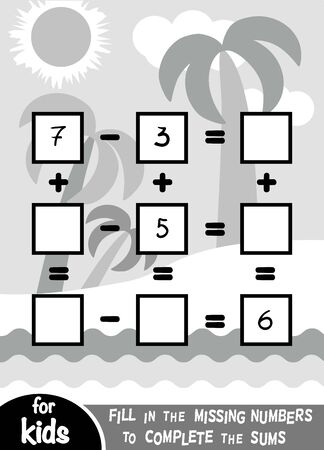 Counting Game for Preschool Children. Educational a mathematical game. Count the numbers in the picture and write the result. Addition and subtraction worksheets on a tropical beach backgroundのイラスト素材