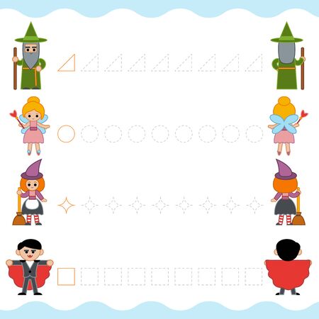 Trace the dotted lines, fairy tale characters. Connect the dots, education game for children. Worksheet for preschoolersのイラスト素材