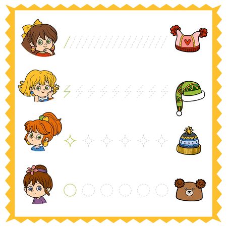 Trace the dotted lines from girls to hats. Connect the dots, education game for children. Worksheet for preschoolersのイラスト素材