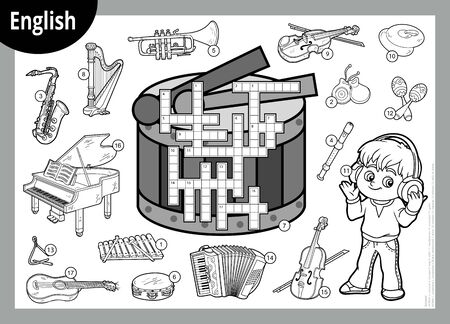 Vector black and white crossword in English, education game for children. Cartoon boy in headphones and set of musical instrumentsのイラスト素材